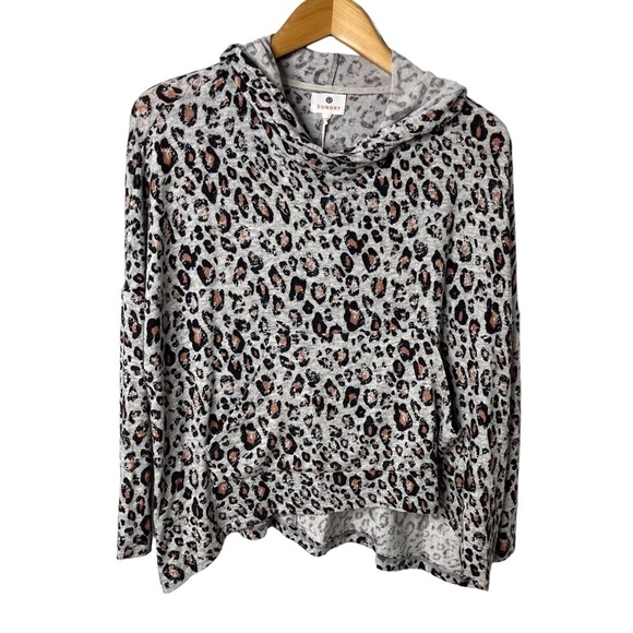 Sundry Draped Leopard Print Hoodie Top Gray Size 1 Small - Picture 2 of 8